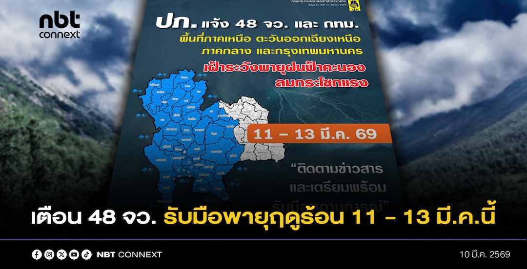 ปภ.แจ้ง 48 จังหวัดภาคเหนือ อีสาน กลาง และ กทม. เตรียมรับมือพายุฝนฟ้าคะนอง ลมกระโชกแรง 11 - 13 มีนาคมนี้ 
