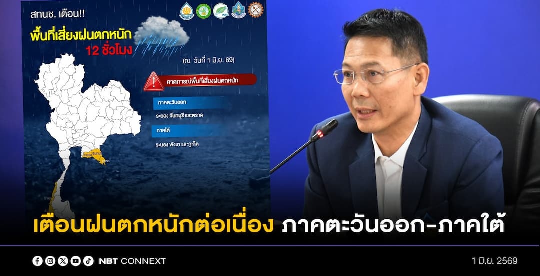 สทนช. แจ้งเตือนประชาชนในพื้นที่เสี่ยงภาคตะวันออกและภาคใต้ เฝ้าระวังฝนตกหนักต่อเนื่อง จนเกิดน้ำท่วมขังและน้ำป่าไหลหลาก