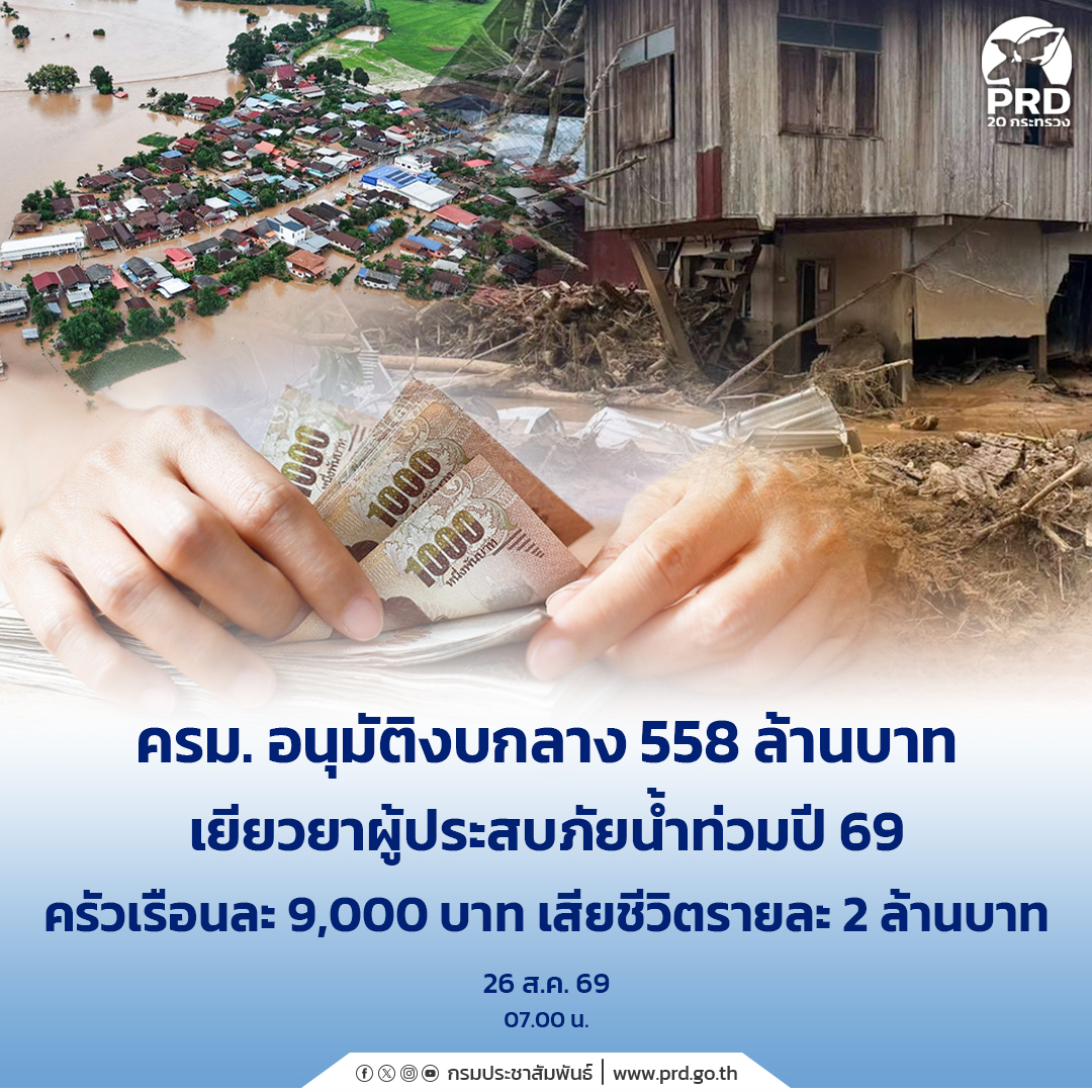 ครม. อนุมัติงบกลาง 558 ล้าน เยียวยาผู้ประสบภัยน้ำท่วมปี 69 ครัวเรือนละ 9,000 บาท เสียชีวิตรายละ 2 ล้าน &nbsp;